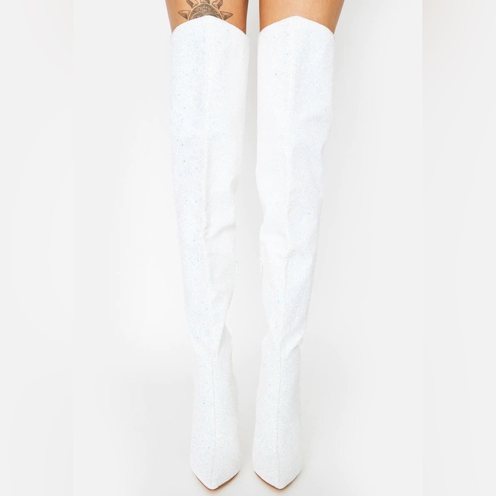 White Thigh High glitter boots